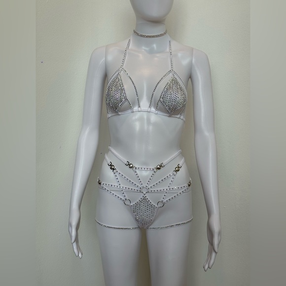 White AB Rhinestone 4 Piece Lingerie Set Bikini XS, D Cup, Festival, Rave, Dance - Picture 10 of 13